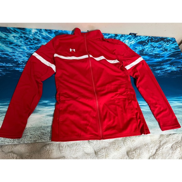 ❄️Under Armour Mens Team Knit Warm Up Full Zip Jacket Red White 1376884 LG - Picture 2 of 13